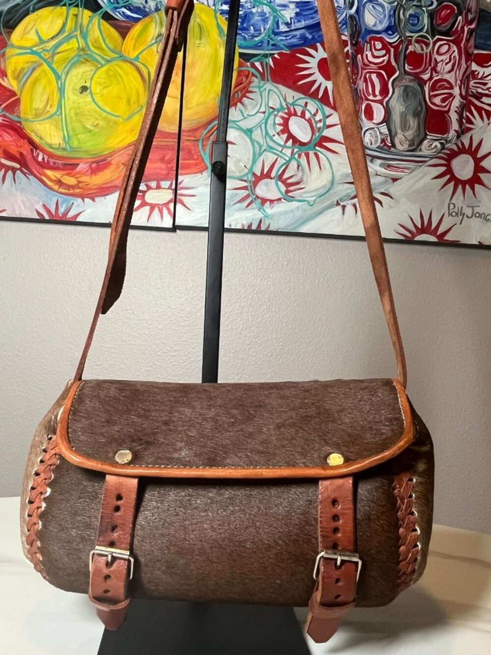 Handmade Hair On Hide Cowhide Leather Barrel Saddle Crossbody Bag Western